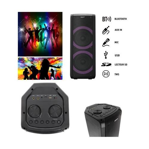 SONO ENCEINTE PORTABLE 200W SUR BATTERIE /SD/USB/BT/MP3 + TWS LEDS RGB et entrée MICRO pour la fête en KARAOKE SOIREE DANSANTE