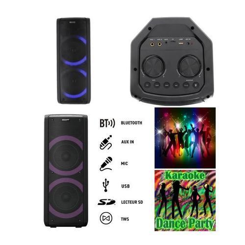 SONO ENCEINTE PORTABLE 200W SUR BATTERIE /SD/USB/BT/MP3 + TWS LEDS RGB et entrée MICRO pour la fête en KARAOKE SOIREES DANSANTES