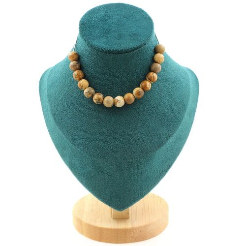 Collier 15 Perles Jaspe Paysage 8 Mm. Chaine En Acier Inoxydable Collier Femmes, Hommes. Taille Personnalisable.
