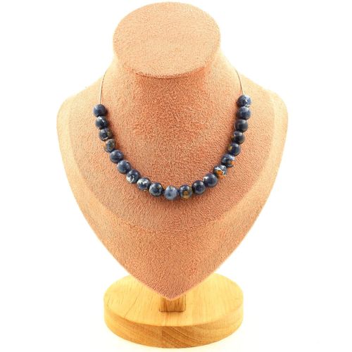 Collier 20 Perles Jaspe Bleu 8 Mm. Chaine En Acier Inoxydable Collier Femmes, Hommes. Taille Personnalisable.
