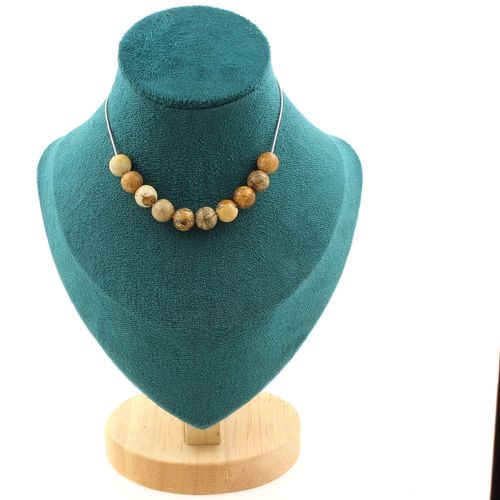 Collier 10 Perles Jaspe Paysage 8 Mm. Chaine En Acier Inoxydable Collier Femmes, Hommes. Taille Personnalisable.