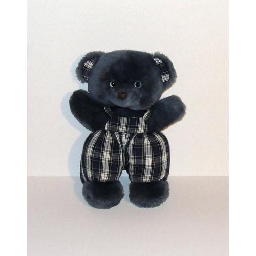 Ours Bleu Fonçé Salopette A Carreaux Nounours Doudou Peluche Ourson Grelot