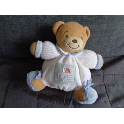 Doudou Boule Ours Blanc Bleu Tricoté Logo Bonhomme Kaloo 18 Cm