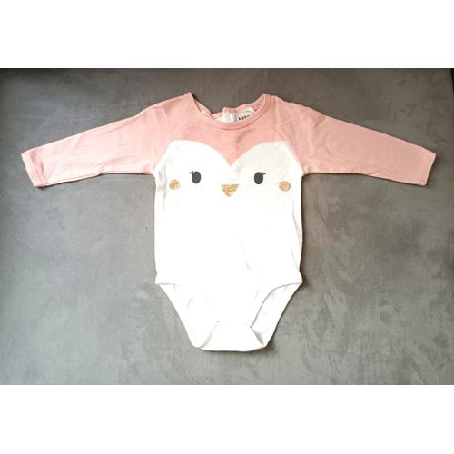 Body Rose Et Blanc. Hibou. Paillettes. Manches Longues. Kiabi. Coton. Taille 9 / 12 Mois