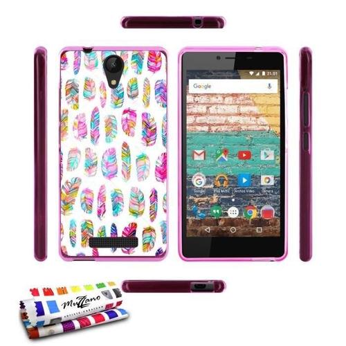 Coque Case Archos 50e Neon Plumes Contour Rose Silicone Souple (Tpu)