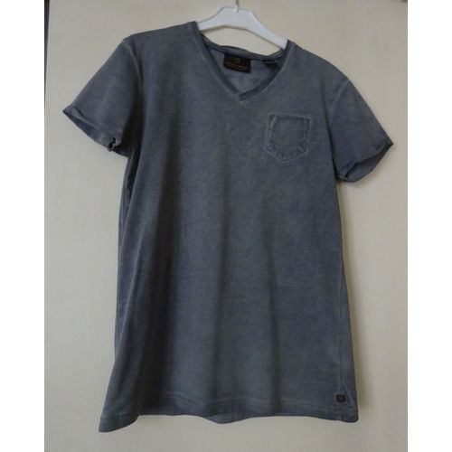 T-Shirt Scotch Shrunk Col V Coton Gris/Vert T.B.E. 14 Ans