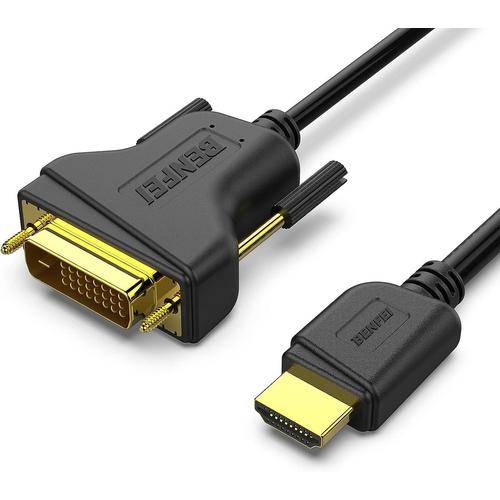 Câble HDMI vers DVI, 1,8 m bidirectionnel DVI-D 24 + 1 mâle vers HDMI mâle Câble Adaptateur Haute Vitesse Compatible 1080P Full HD Compatible pour Raspberry Pi, Roku, Xbox One, PS4 PS3