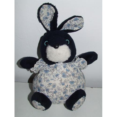 Lapin Boule Imprimé Fleurs Bleu Marine Blanc 30 Cm + Oreilles 10 Cm