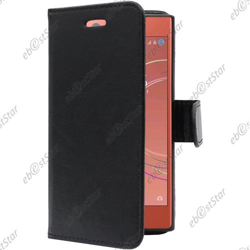 Ebeststar ® Film Protection Écran En Verre Trempé + Etui Portefeuille Housse Coque Folio Book Livre Pour Sony Xperia Xz1 Compact, Couleur Noir [Dimensions De Votre Appareil : 129 X 64 X 9.3 Mm]