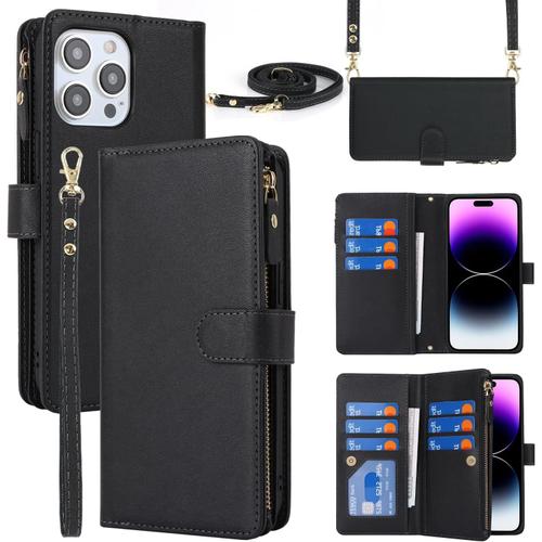 Copmob Coque Iphone 15 Pro Max Avec Cordon,Etui Iphone 15 Pro Max,Flip Portefeuille Étui Cuir,[9 Porte Cartes][Double Fermeture Magnétique],Protection Housse Etui Pour Iphone 15 Pro Max - Noir