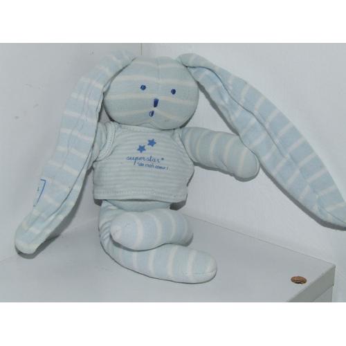 Lapin Rayé Bleu Blanc Super Star De Mon Coeur Petit Bateau 24 Cm + Oreilles 17 Cm