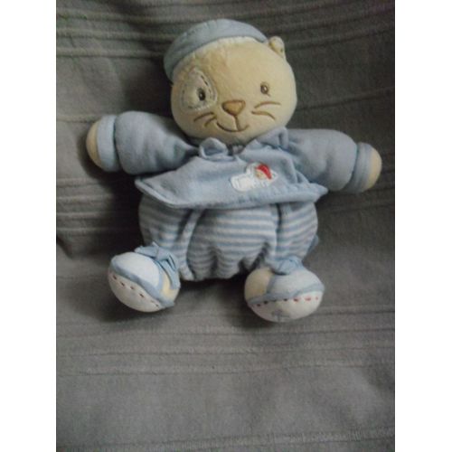 Doudou Chat Coquard Rayé Bleu Et Blanc