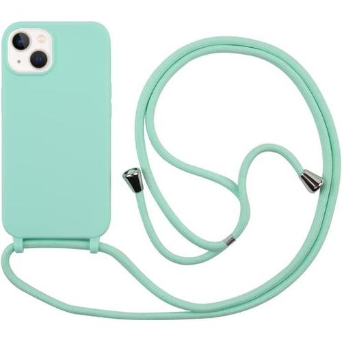 Coque Compatible Avec Iphone 14(6.1) Silicone Avec Cordon Case,Protection Complète Du Corps,Couleurs De Bonbons Cover Silicone Antichoc,Protection Antichoc Avec Réglable Téléphone Case.-Turquoise