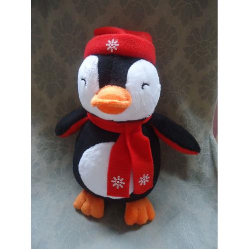 Pingouin Noel En Peluche Avec Son Bonnet Et Écharpe 25 Cm Fl