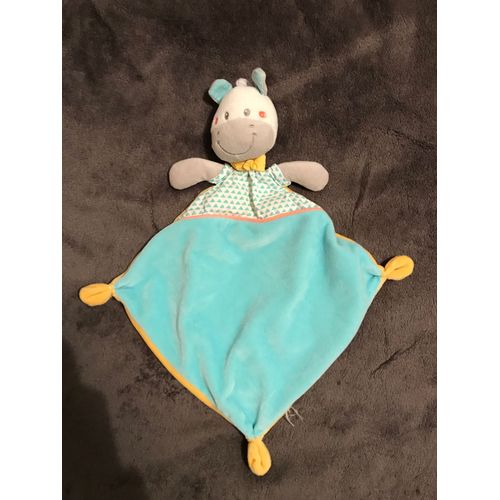 Doudou Peluche Plat Ane Poney Cheval Ouatoo Baby Orange Bleu Gris Multicolore 3 Noeuds