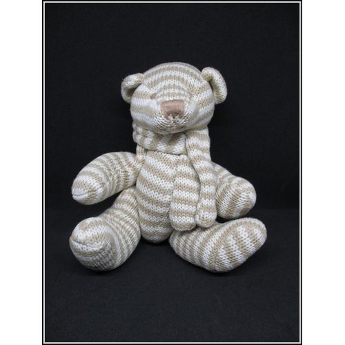 Doudou Peluche - Ours Articulé Bouton Rayé En Tricot Beige Blanc - Env. 20 Cm - Écharpe - Maxita