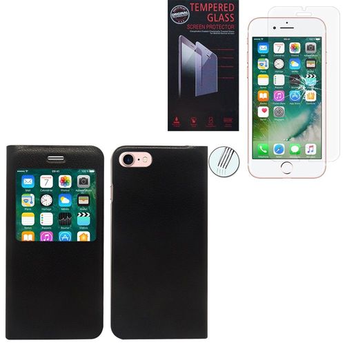 Housse A? Fenêtre Pour Apple Iphone 7 4.7" S-View Fonction - Noir+ 1 Film Verre Trempé