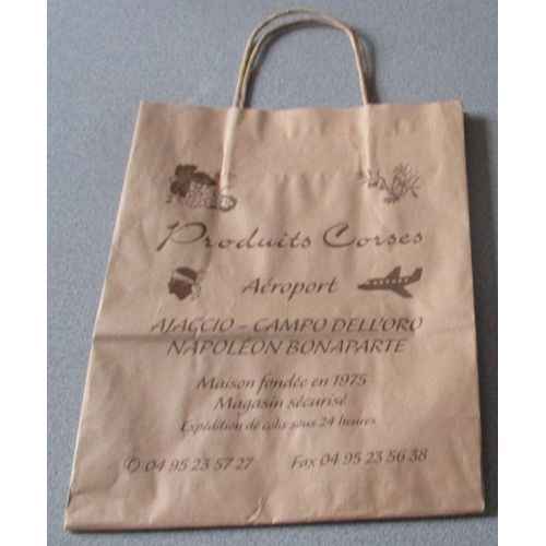 Sac Publicitaire Papier Produits Corses Aéroport Ajaccio-Campo DellOro Napoléon Bonaparte - Fond Marron Clair - 2 Faces Identiques - 2 Anses De Portage - 24x31x12cm