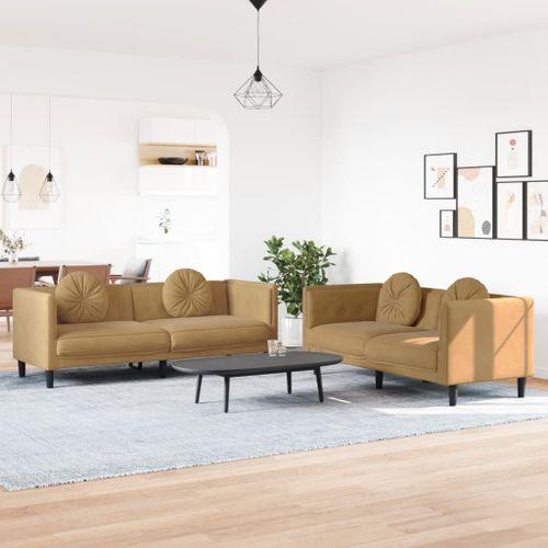 Vidaxl Ensemble De Canapés 2 Pcs Avec Coussins Marron Velours