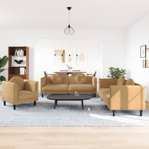 Vidaxl Ensemble De Canapés 3 Pcs Avec Coussins Marron Velours
