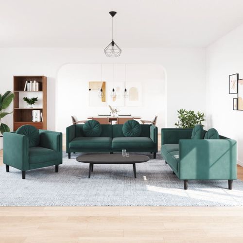 Vidaxl Ensemble De Canapés 3 Pcs Avec Coussins Vert Foncé Velours