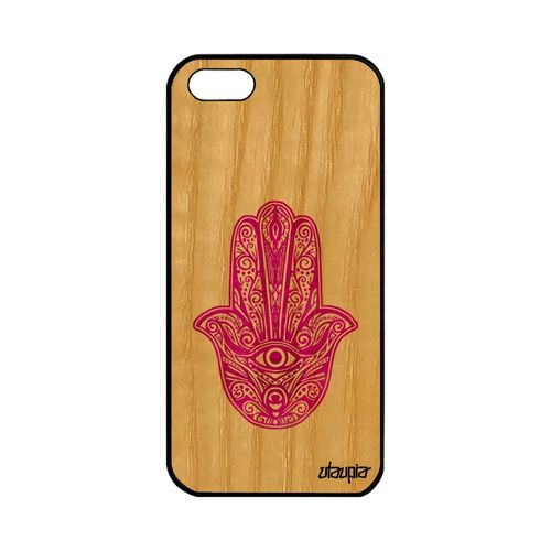 Coque Apple Iphone 5 5s Se Bois Silicone Main De Fatma Etui Souple Rose La Hamsa