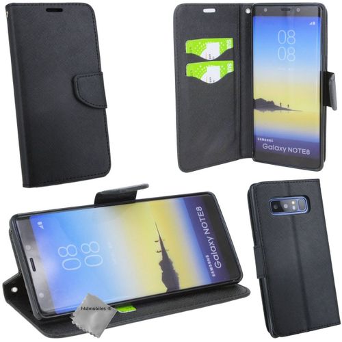 Housse Etui Coque Pochette Portefeuille Pour Samsung Galaxy Note 8 + Verre Trempe - Noir / Noir