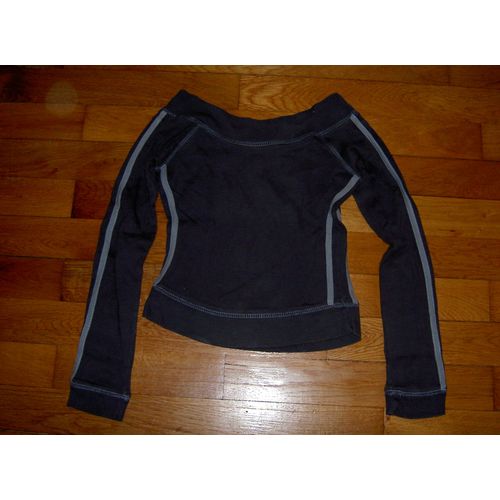 T-Shirt Tee Shirt Manches Longues Col Ouvert Rond Taille Courte Gris Foncé Avec Bandes Grises Claires Jennyfer 14 Ans