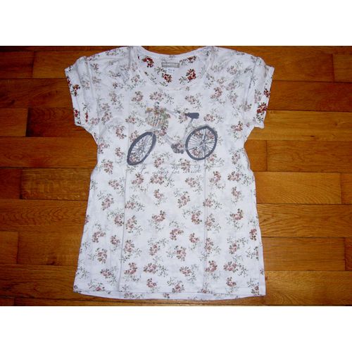 T-Shirt Tee Shirt Manches Courtes Col Rond Blanc Avec Motif Fleurs Rouges Et Vélo Avec Pannier Rempli De Roses I&#39m Going For A Ride Orchestra Taille 12 Ans