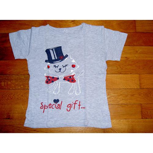 T-Shirt Tee Shirt Manches Courtes Col Rond Gris Motif Chat Avec Chapeau Haut De Forme Et Noeud Papillon Rouge À Pois Noirs Special Girl Tex Taille 14 Ans