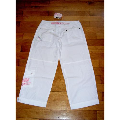 Pantalon Style Jean Blanc Avec Motif Pacific Beach Rosebud Rose Sur Jambe Et Ceinture Associée Rosebud Taille 14 Ans