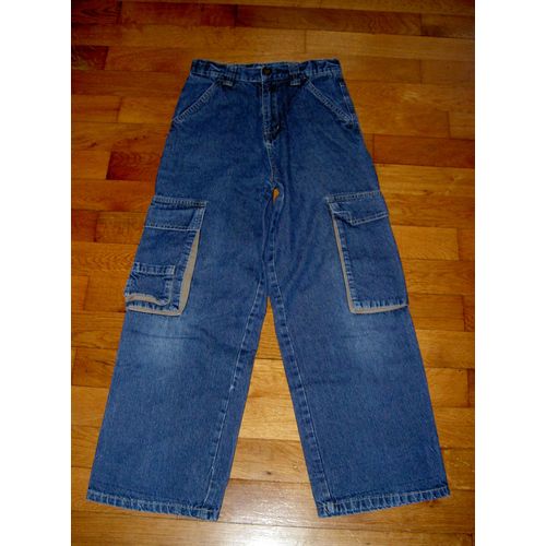 Pantalon Type Jean Coupe Large Style Treilli Bleu Uni Avec Poche Sur Jambe Dessous Beige Taille Avec Élastique Nky Taille 10 Ans