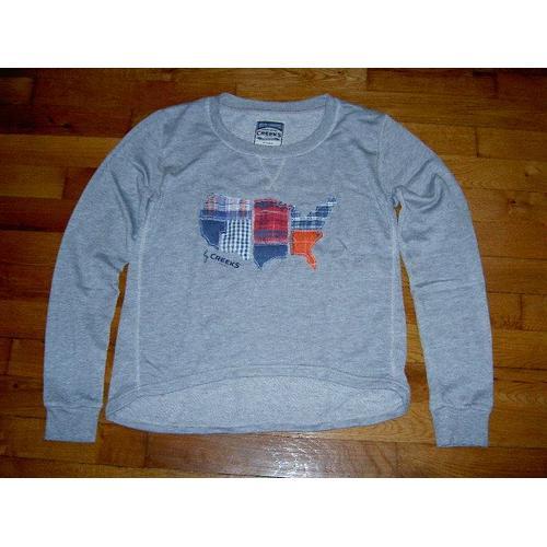 Pull Manches Longues Col Rond Gris Chiné Avec Motif Carte Des Etats Unis Divisée En 6 Creeks Taille 14 Ans