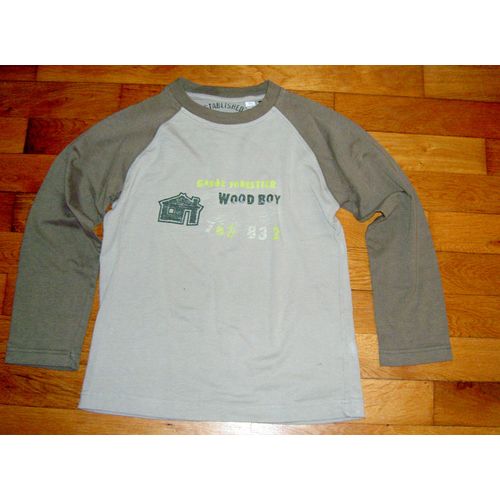 T-Shirt Tee Shirt Manches Longues Col Rond Gris Et Vert Avec Motif Poitrine Maison Garde Forestier Wood Boy Kiabi Taille 10 Ans