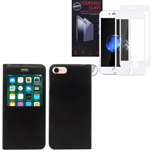 Pour Apple Iphone 7 4.7" : Etui Housse Plastique View Case, View Cover, Etui À Rabat - Noir + 2 Films En Verre Trempé De Couleur - Blanc