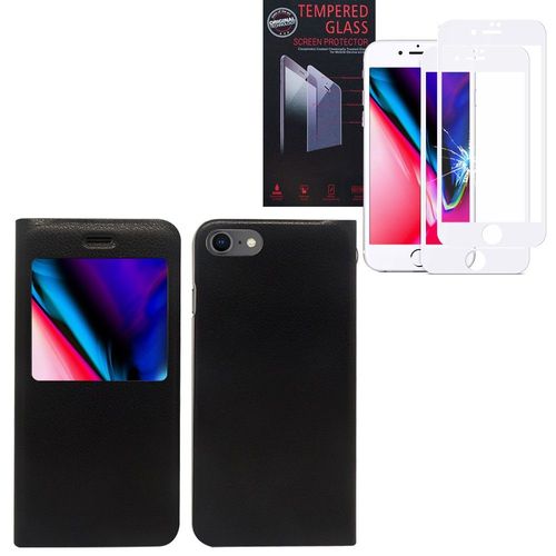 Pour Apple Iphone 8 4.7" : Etui Housse Plastique View Case, View Cover, Etui À Rabat - Noir + 2 Films En Verre Trempé De Couleur - Blanc
