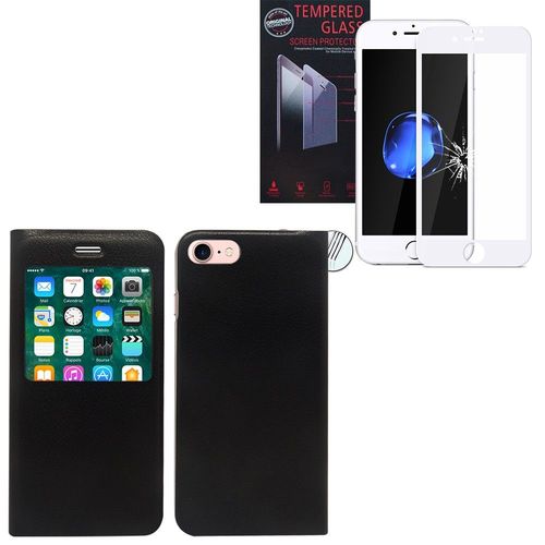 Pour Apple Iphone 7 4.7" : Etui Housse Plastique View Case, View Cover, Etui À Rabat - Noir + 1 Film Verre Trempé - Blanc
