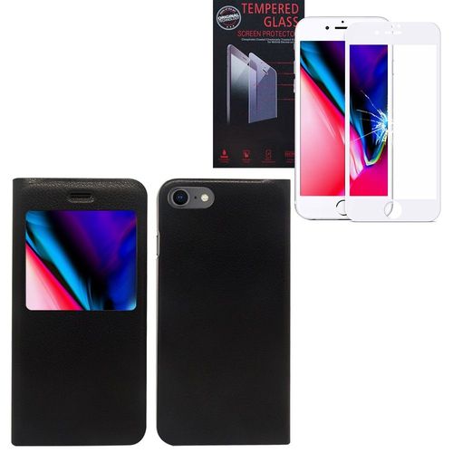 Pour Apple Iphone 8 4.7" : Etui Housse Plastique View Case, View Cover, Etui À Rabat - Noir + 1 Film Verre Trempé - Blanc