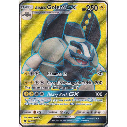 Carte Pokemon - Alolan Golem Gx ( Grolem D'alola Gx ) - Ultra Rare Full Art 102/111 - Soleil Et Lune 4 Invasion Carmin - Version Anglaise -