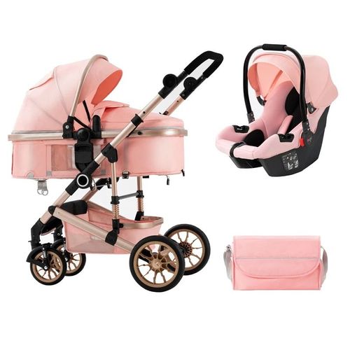 Poussette Portable 3 En 1 Pour Bébé, Cadre En Aluminium Pour Nouveau-Né Rose