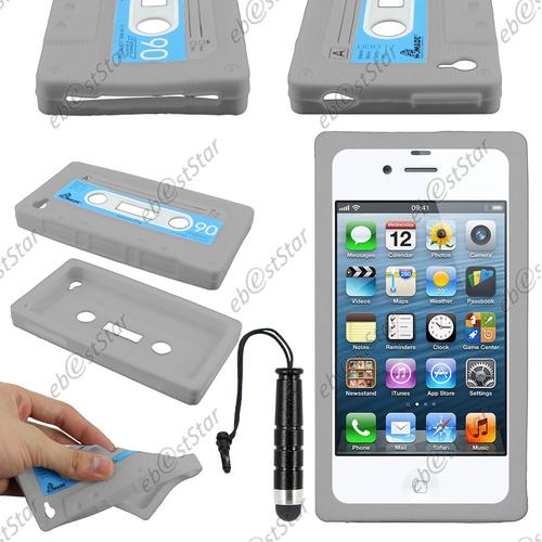 Ebeststar ® Pour Apple Iphone 4s, 4 - Housse Etui Coque Silicone Gel Motif Format Cassette + Mini Stylet, Couleur Gris