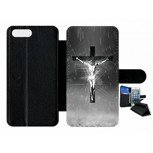 Etui A Rabat - Jésus Croix Noir Et Blanc - Compatible Avec Apple Iphone 8 Plus - Plastique - Bord Noir