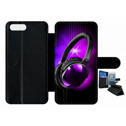 Etui A Rabat - Casque Audio Violet Fond Noir - Compatible Avec Apple Iphone 8 Plus - Plastique - Bord Noir