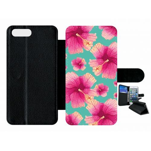 Etui A Rabat - Hibiscus Fond Turquoise - Compatible Avec Apple Iphone 8 Plus - Plastique - Bord Noir
