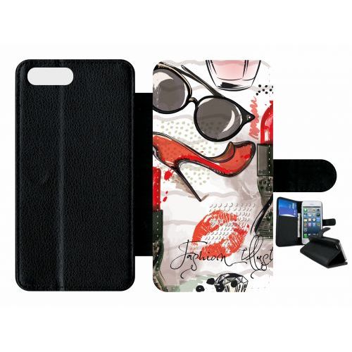 Etui A Rabat - Motif Girly Fond Blanc - Compatible Avec Apple Iphone 8 Plus - Plastique - Bord Noir