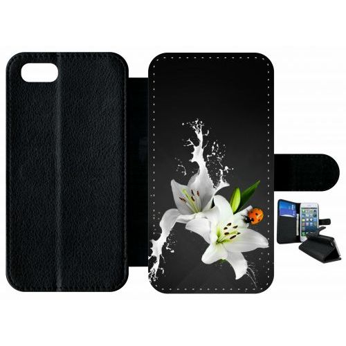 Etui A Rabat - Lys Blanc Coccinelle Sur Fond Gris - Compatible Avec Apple Iphone 8 - Plastique - Bord Noir