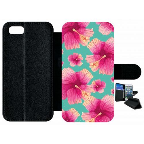 Etui A Rabat - Hibiscus Fond Turquoise - Compatible Avec Apple Iphone 8 - Plastique - Bord Noir