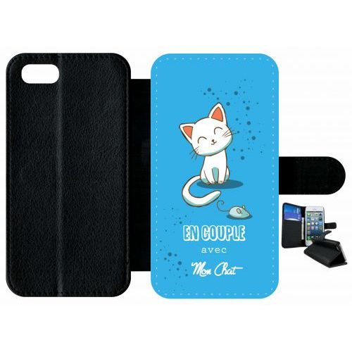 Etui A Rabat - En Couple Avec Mon Chat Fond Bleu - Compatible Avec Apple Iphone 8 - Plastique - Bord Noir