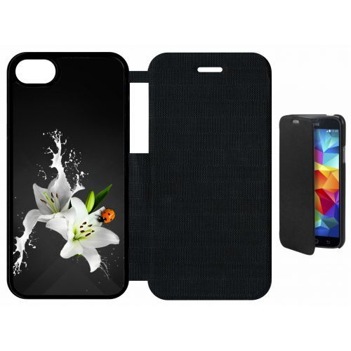 Etui A Flip Flap - Lys Blanc Coccinelle Sur Fond Gris - Compatible Avec Apple Iphone 8 - Plastique - Bord Noir