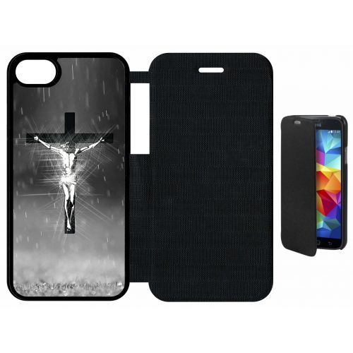Etui A Flip Flap - Jésus Croix Noir Et Blanc - Compatible Avec Apple Iphone 8 - Plastique - Bord Noir